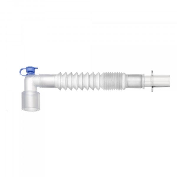 Length: 15 cm. Patient connector: angled double swivel with capnography port 22M/15F. Machine-side connector: 15M